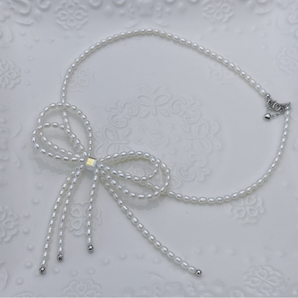 X359 S925 High Quality Freshwater Pearl Bow Necklace - Picture 1 of 8